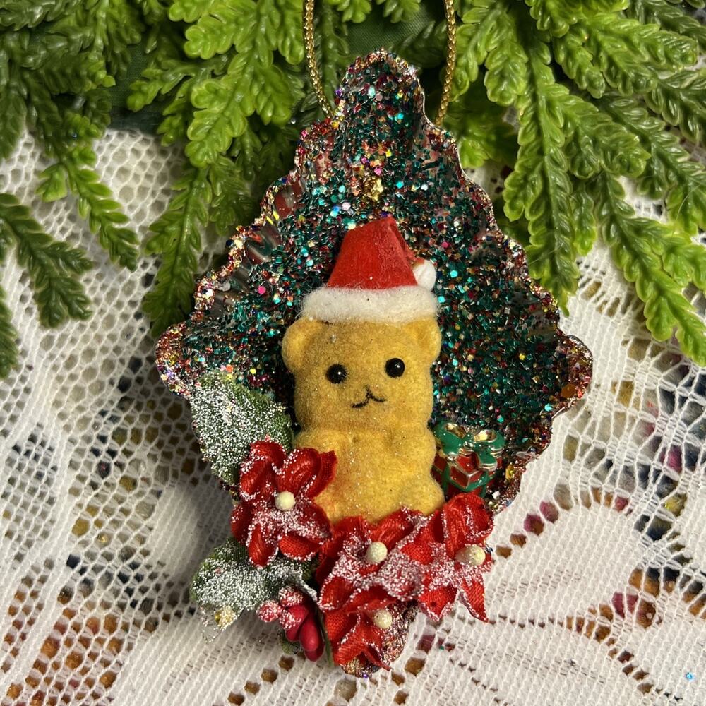 Vintage Diamond Tart Tin Flocked Fuzzy Bear Diorama Mid Century Glitter Ornament